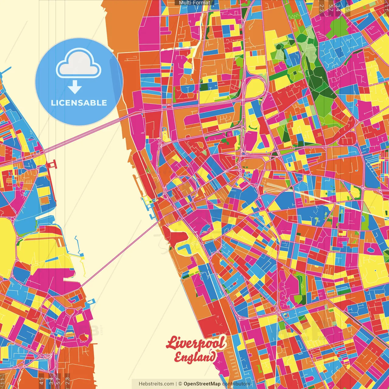 Liverpool, North West England, England Crazy Colorful Street Map Poster Template