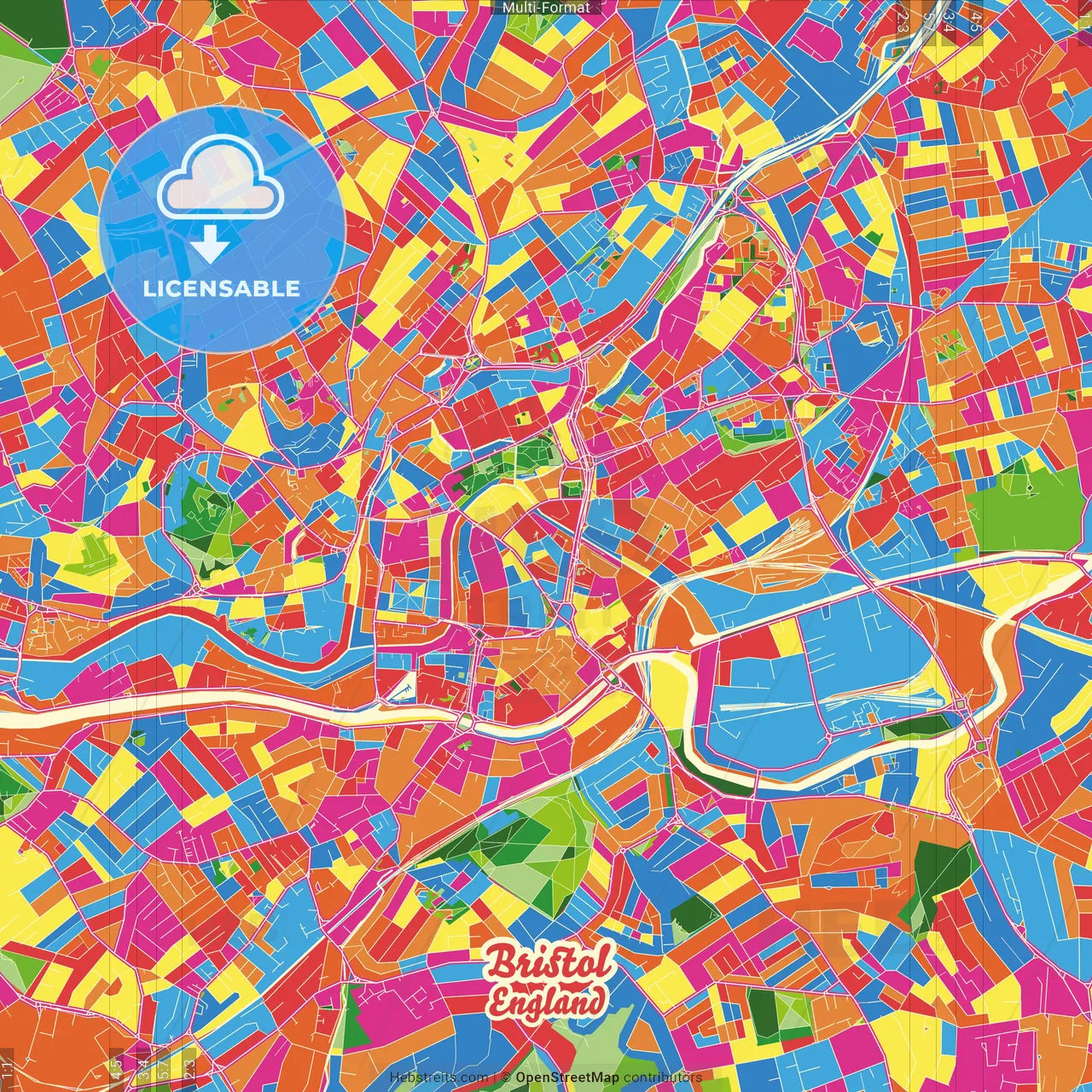Bristol, South West England, England Crazy Colorful Street Map Poster Template