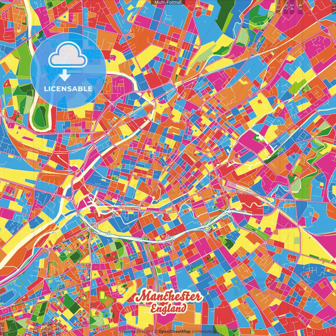 Manchester, North West England, England Crazy Colorful Street Map Poster Template