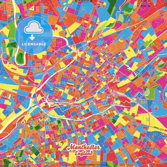 Manchester, North West England, England Crazy Colorful Street Map Poster Template