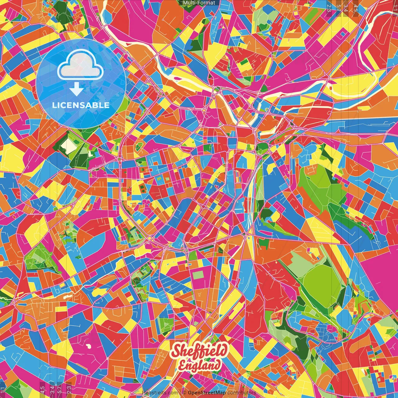 Sheffield, Yorkshire and the Humber, England Crazy Colorful Street Map Poster Template