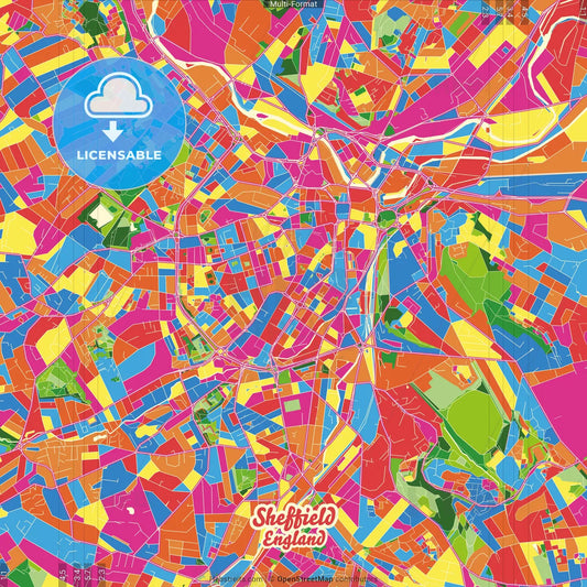 Sheffield, Yorkshire and the Humber, England Crazy Colorful Street Map Poster Template