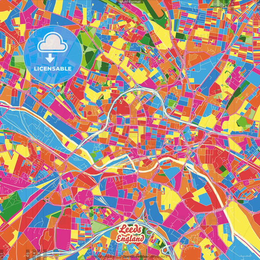 Leeds, Yorkshire and the Humber, England Crazy Colorful Street Map Poster Template