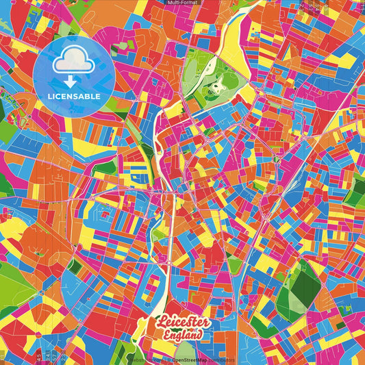 Leicester, East Midlands, England Crazy Colorful Street Map Poster Template