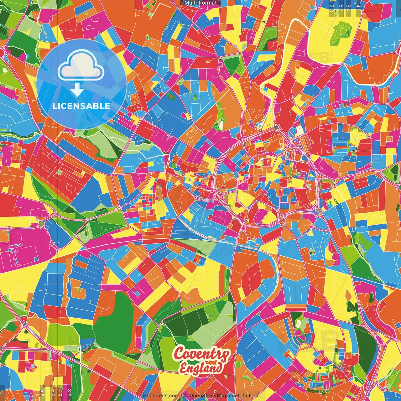 Coventry, West Midlands, England Crazy Colorful Street Map Poster Template