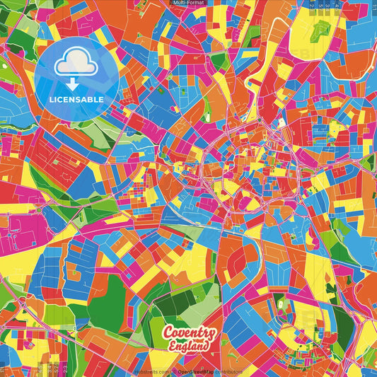 Coventry, West Midlands, England Crazy Colorful Street Map Poster Template