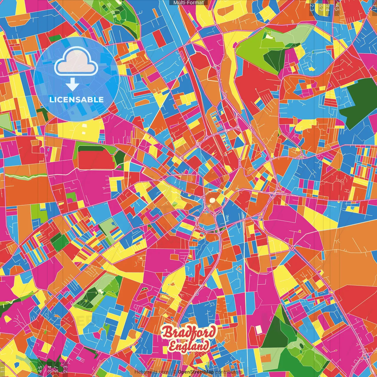 Bradford, Yorkshire and the Humber, England Crazy Colorful Street Map Poster Template