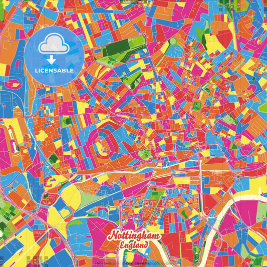 Nottingham, East Midlands, England Crazy Colorful Street Map Poster Template