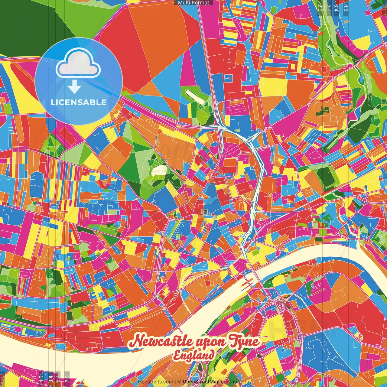 Newcastle upon Tyne, North East England, England Crazy Colorful Street Map Poster Template