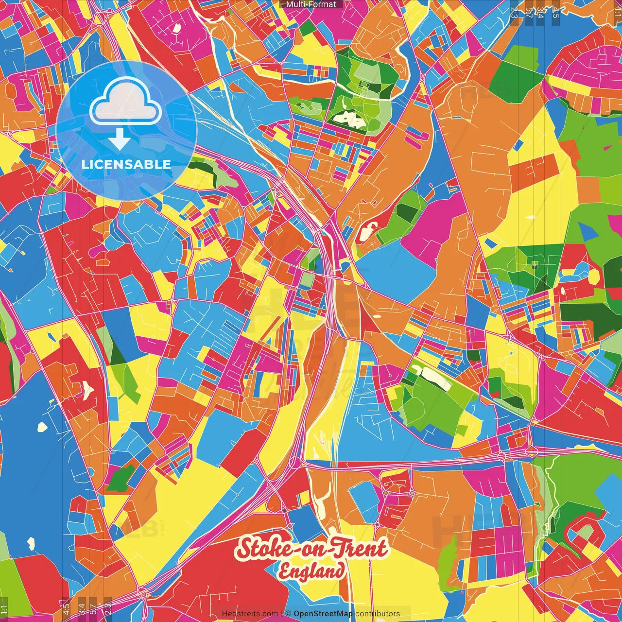 Stoke-on-Trent, West Midlands, England Crazy Colorful Street Map Poster Template