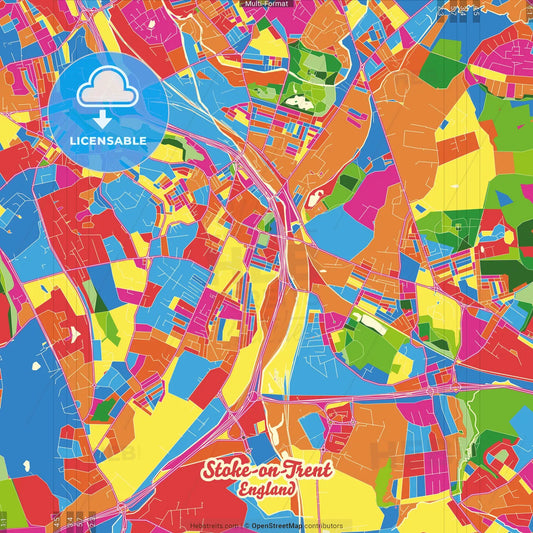 Stoke-on-Trent, West Midlands, England Crazy Colorful Street Map Poster Template