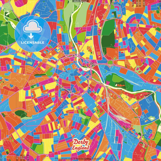 Derby, East Midlands, England Crazy Colorful Street Map Poster Template