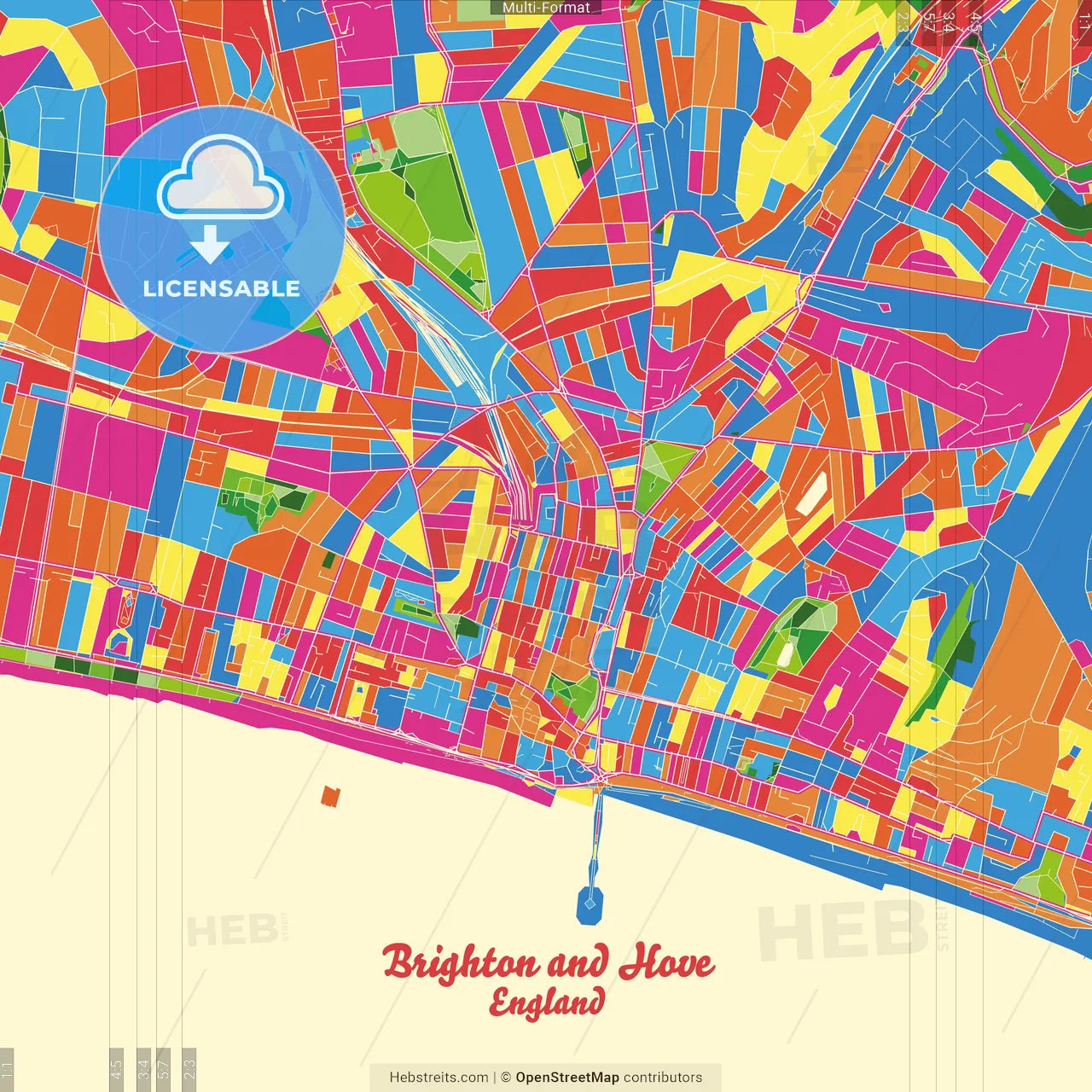 Brighton and Hove, South East England, England Crazy Colorful Street Map Poster Template