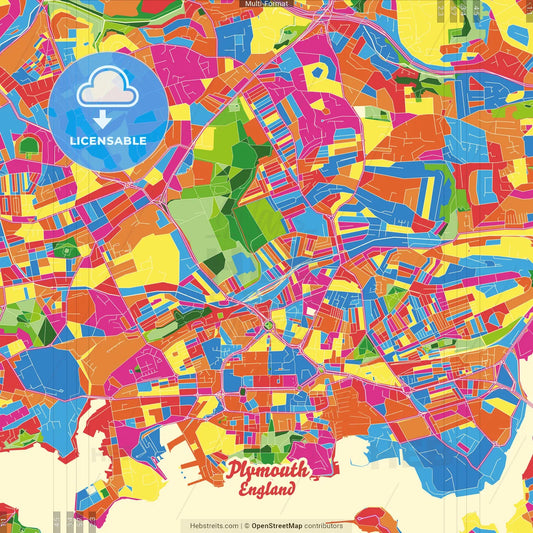 Plymouth, South West England, England Crazy Colorful Street Map Poster Template