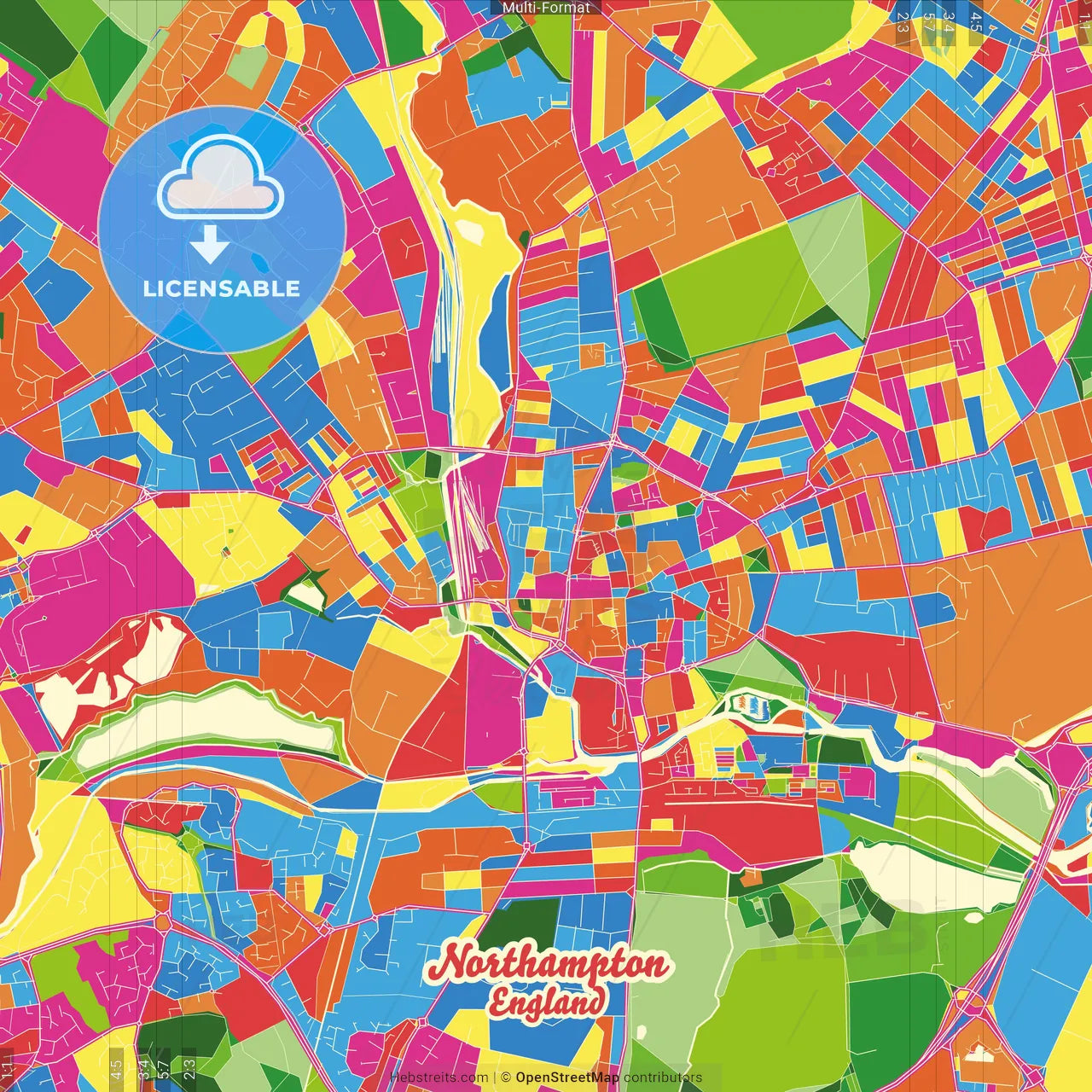 Northampton, East Midlands, England Crazy Colorful Street Map Poster Template