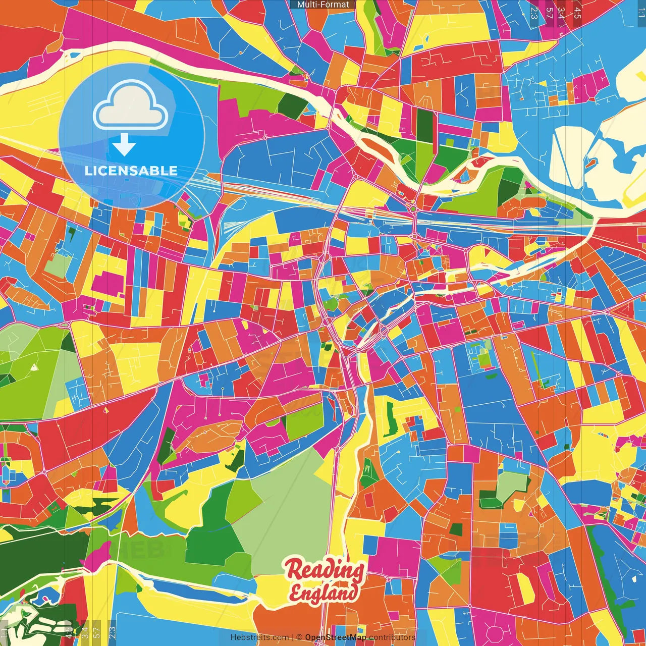Reading, South East England, England Crazy Colorful Street Map Poster Template