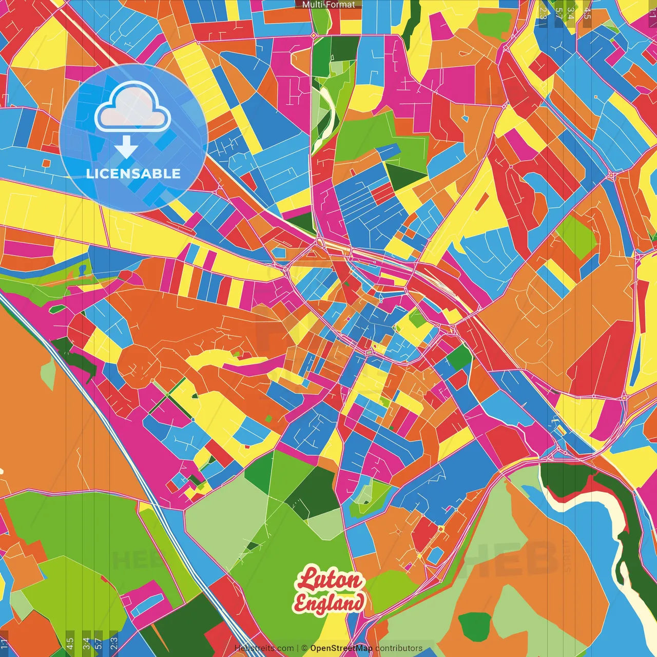 Luton, East of England, England Crazy Colorful Street Map Poster Template