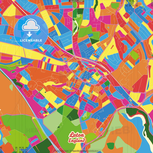 Luton, East of England, England Crazy Colorful Street Map Poster Template