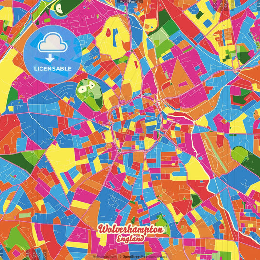 Wolverhampton, West Midlands, England Crazy Colorful Street Map Poster Template