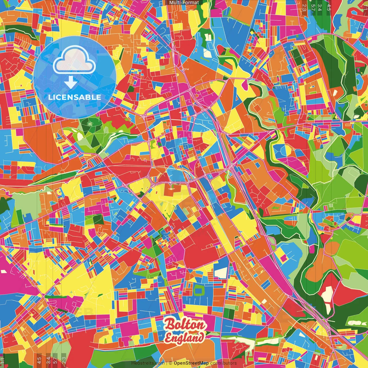 Bolton, North West England, England Crazy Colorful Street Map Poster Template