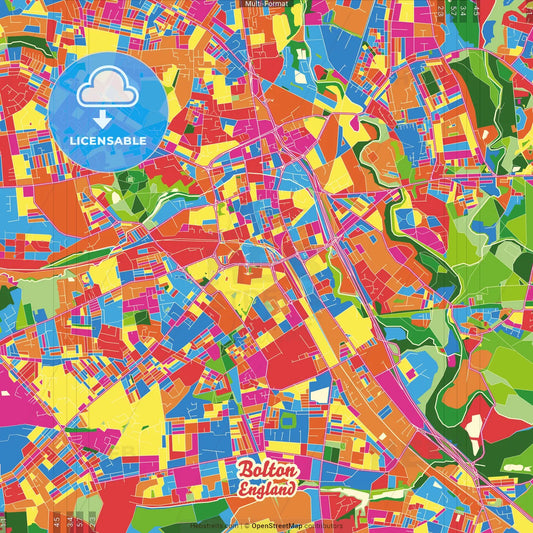 Bolton, North West England, England Crazy Colorful Street Map Poster Template