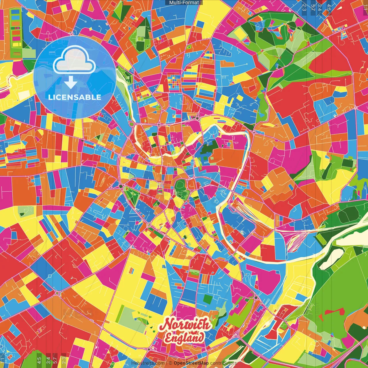 Norwich, East of England, England Crazy Colorful Street Map Poster Template