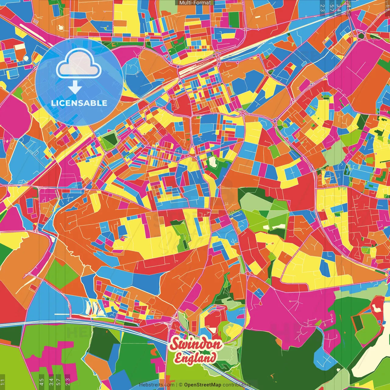Swindon, South West England, England Crazy Colorful Street Map Poster Template