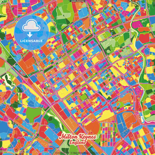 Milton Keynes, South East England, England Crazy Colorful Street Map Poster Template