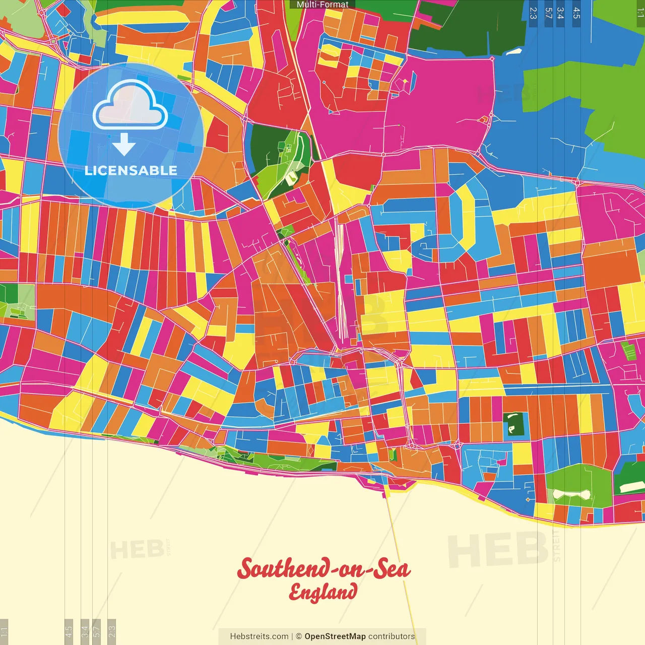 Southend-on-Sea, East of England, England Crazy Colorful Street Map Poster Template