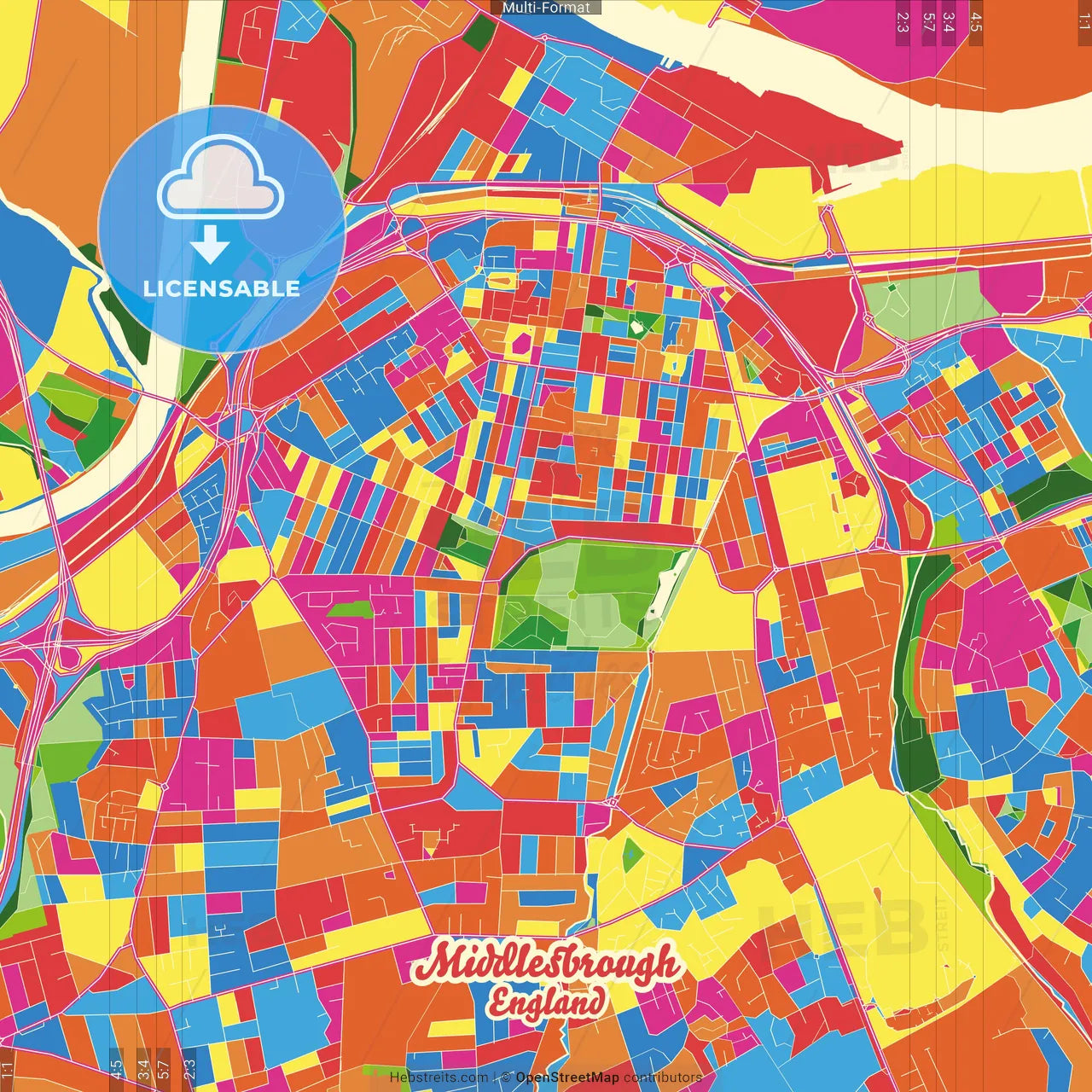 Middlesbrough, North East England, England Crazy Colorful Street Map Poster Template