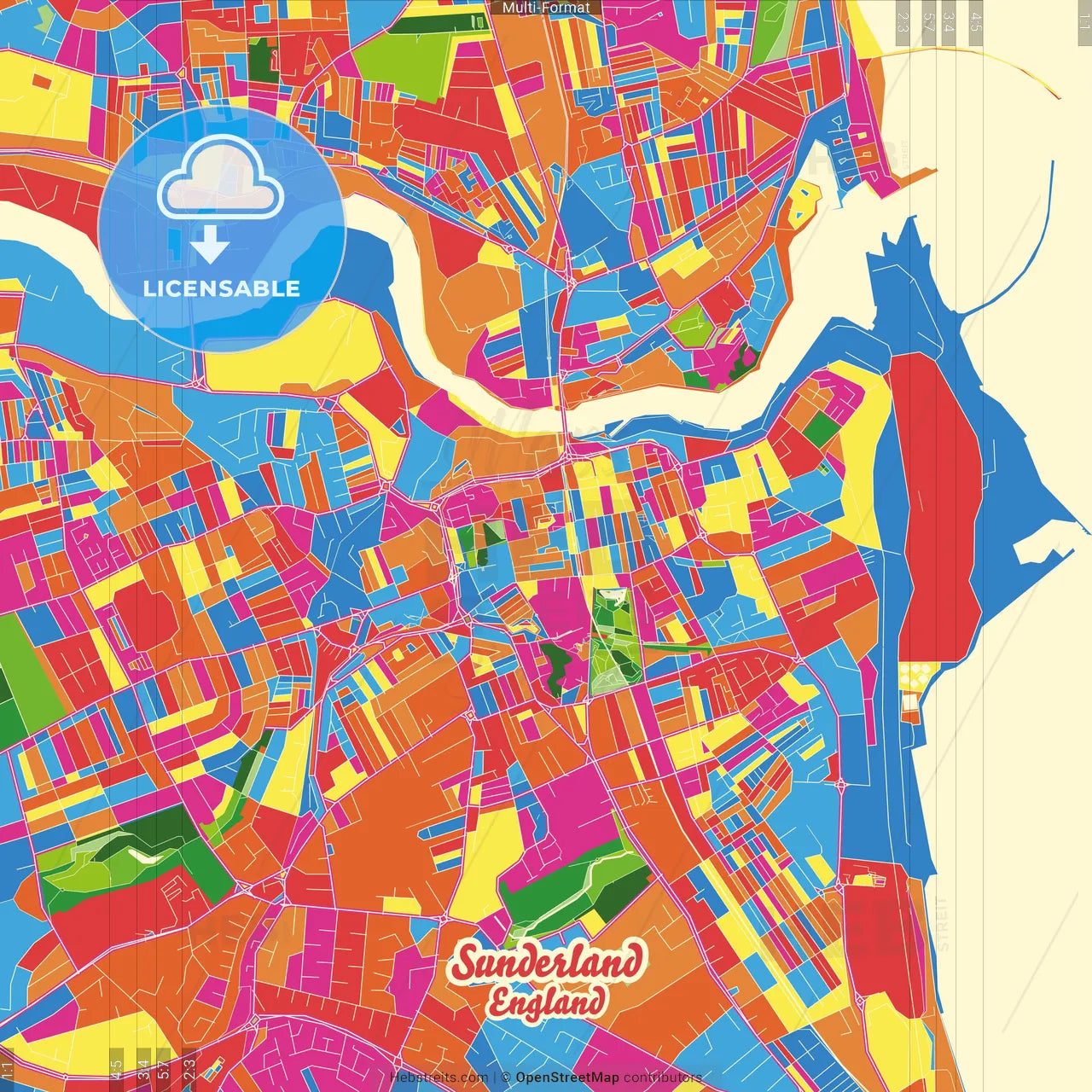 Sunderland, North East England, England Crazy Colorful Street Map Poster Template