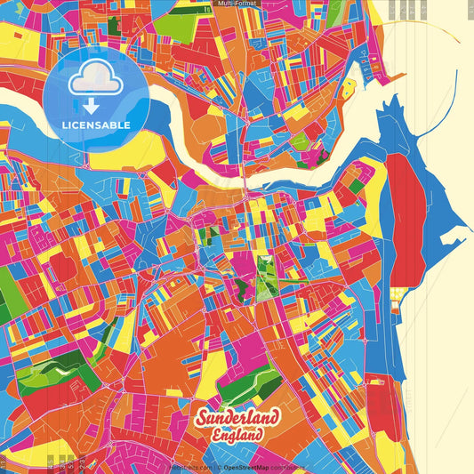 Sunderland, North East England, England Crazy Colorful Street Map Poster Template