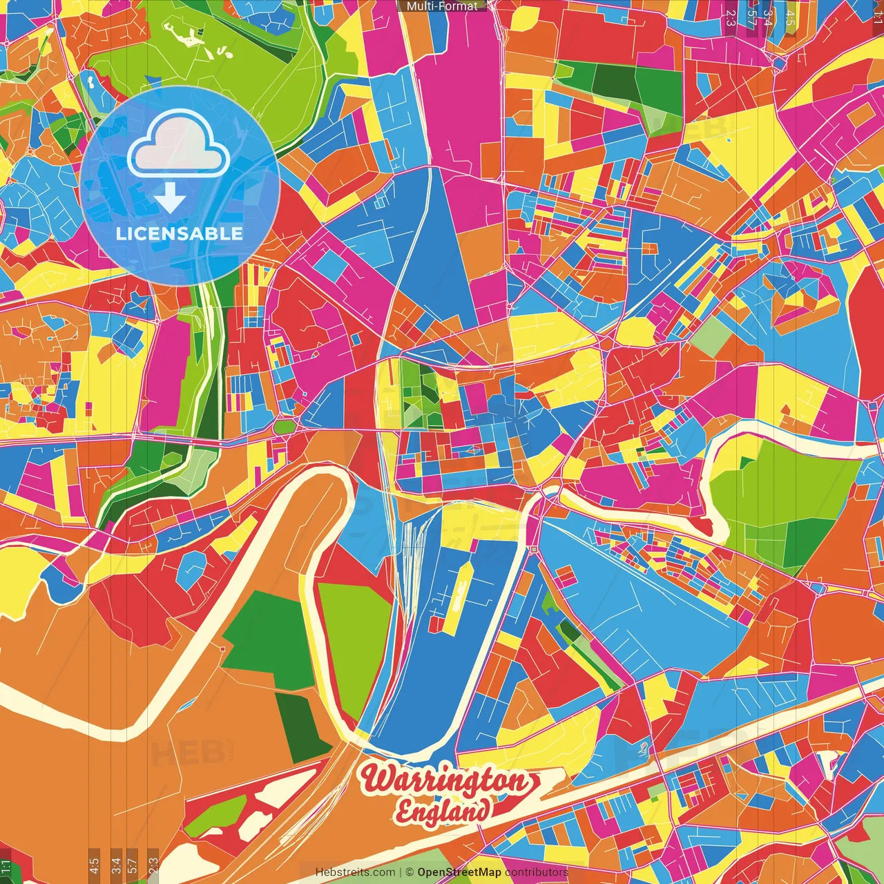 Warrington, North West England, England Crazy Colorful Street Map Poster Template