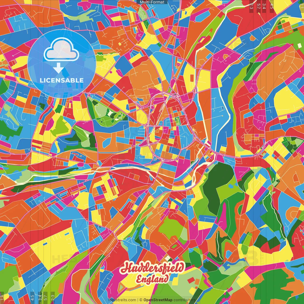 Huddersfield, Yorkshire and the Humber, England Crazy Colorful Street Map Poster Template