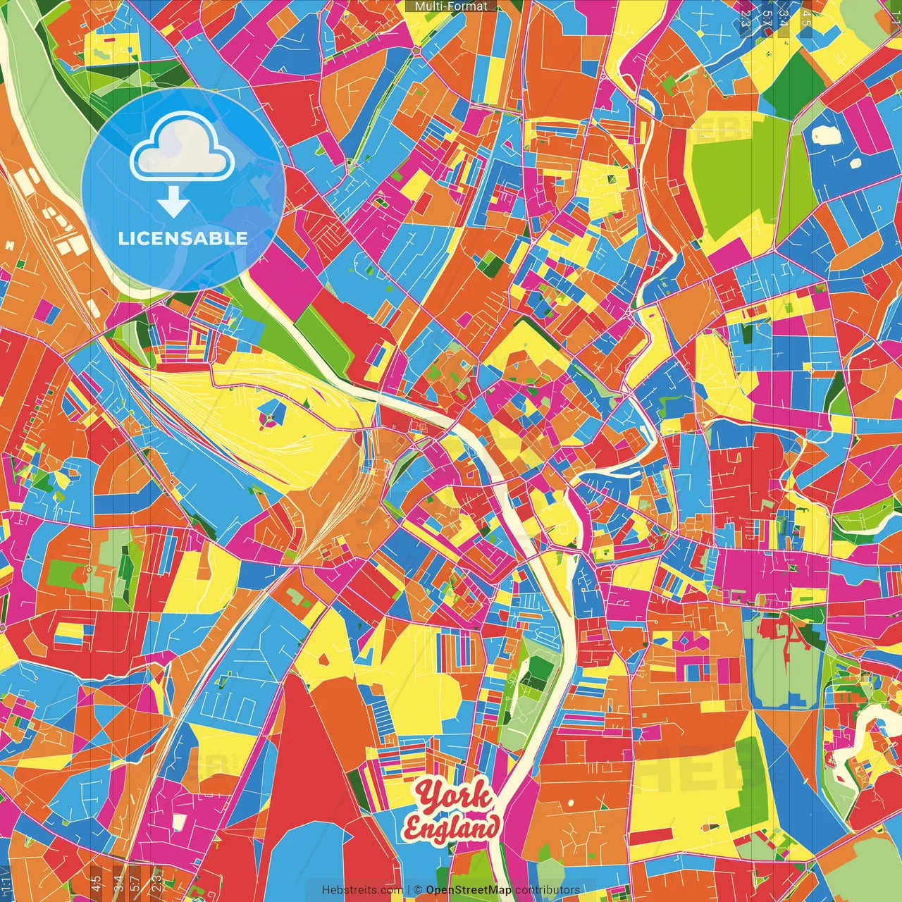 York, Yorkshire and the Humber, England Crazy Colorful Street Map Poster Template