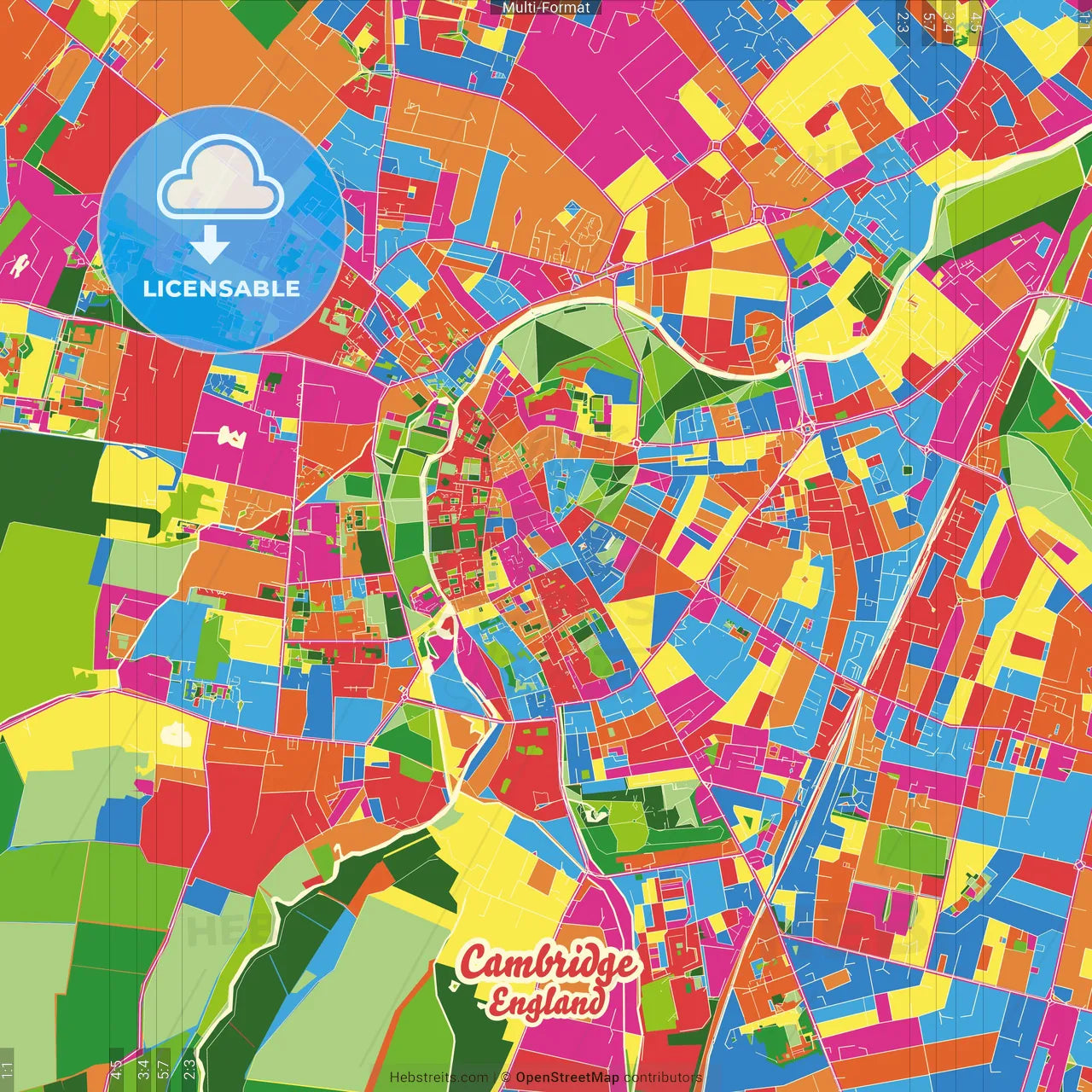 Cambridge, East of England, England Crazy Colorful Street Map Poster Template