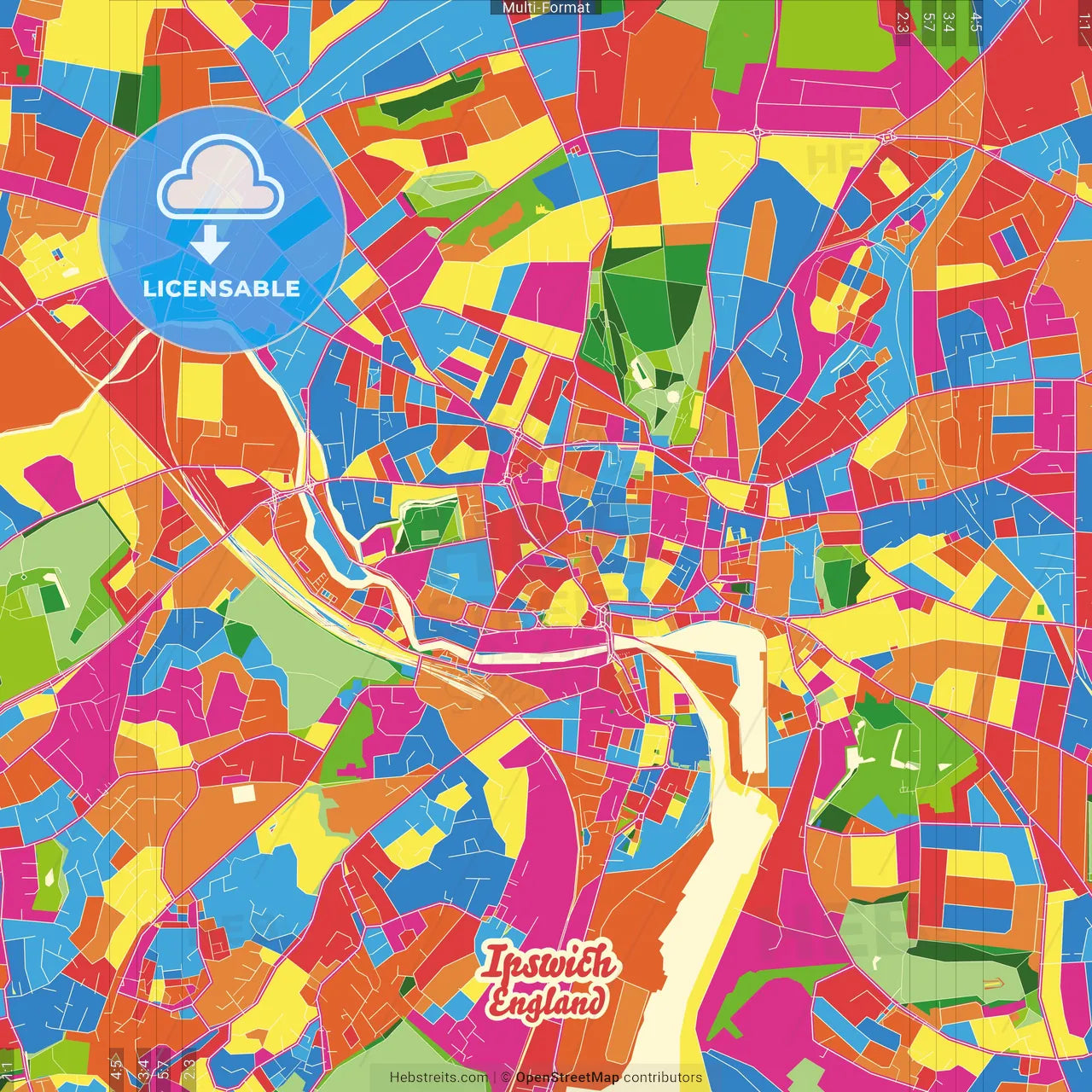 Ipswich, East of England, England Crazy Colorful Street Map Poster Template