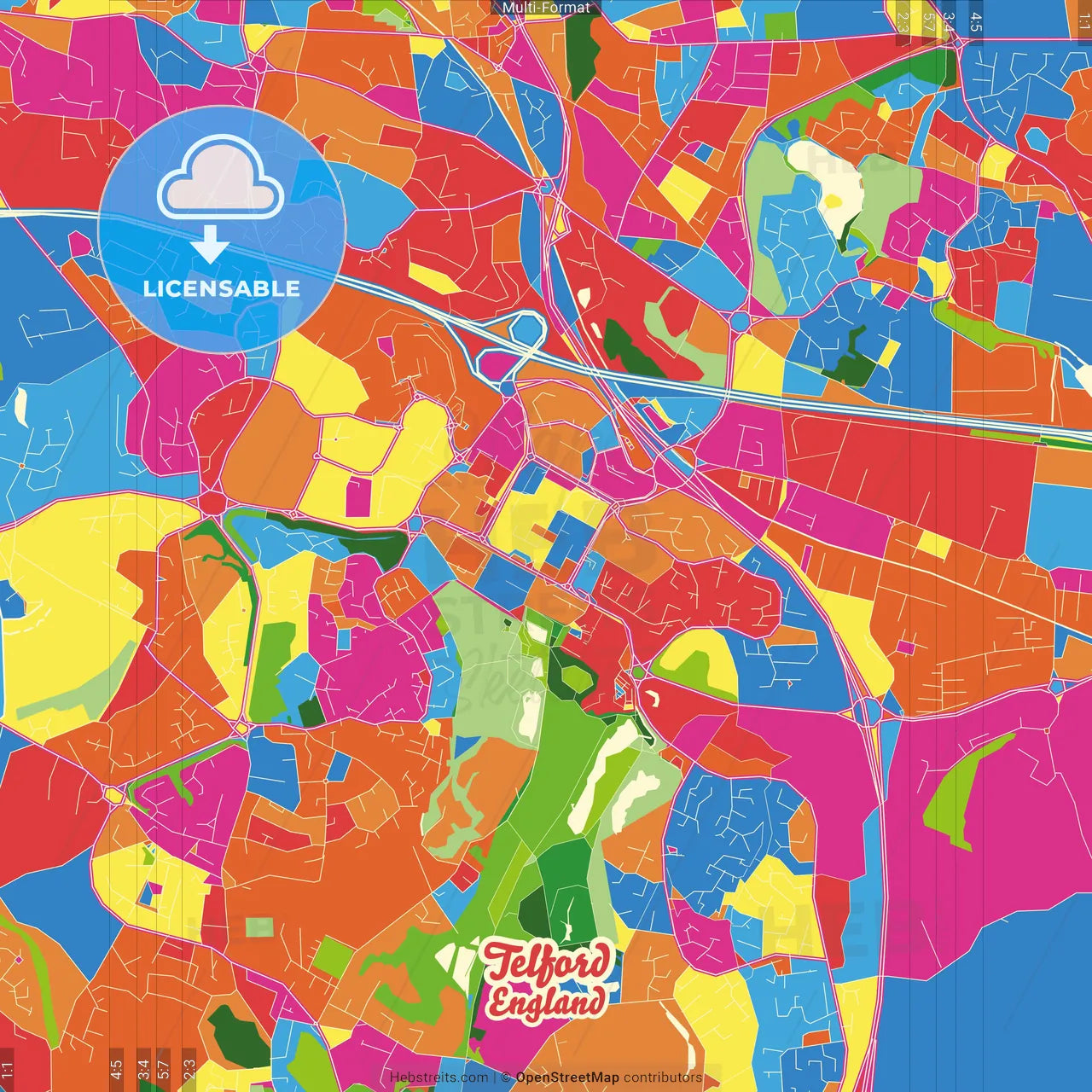 Telford, West Midlands, England Crazy Colorful Street Map Poster Template