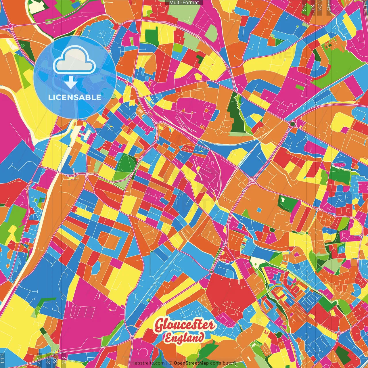 Gloucester, South West England, England Crazy Colorful Street Map Poster Template