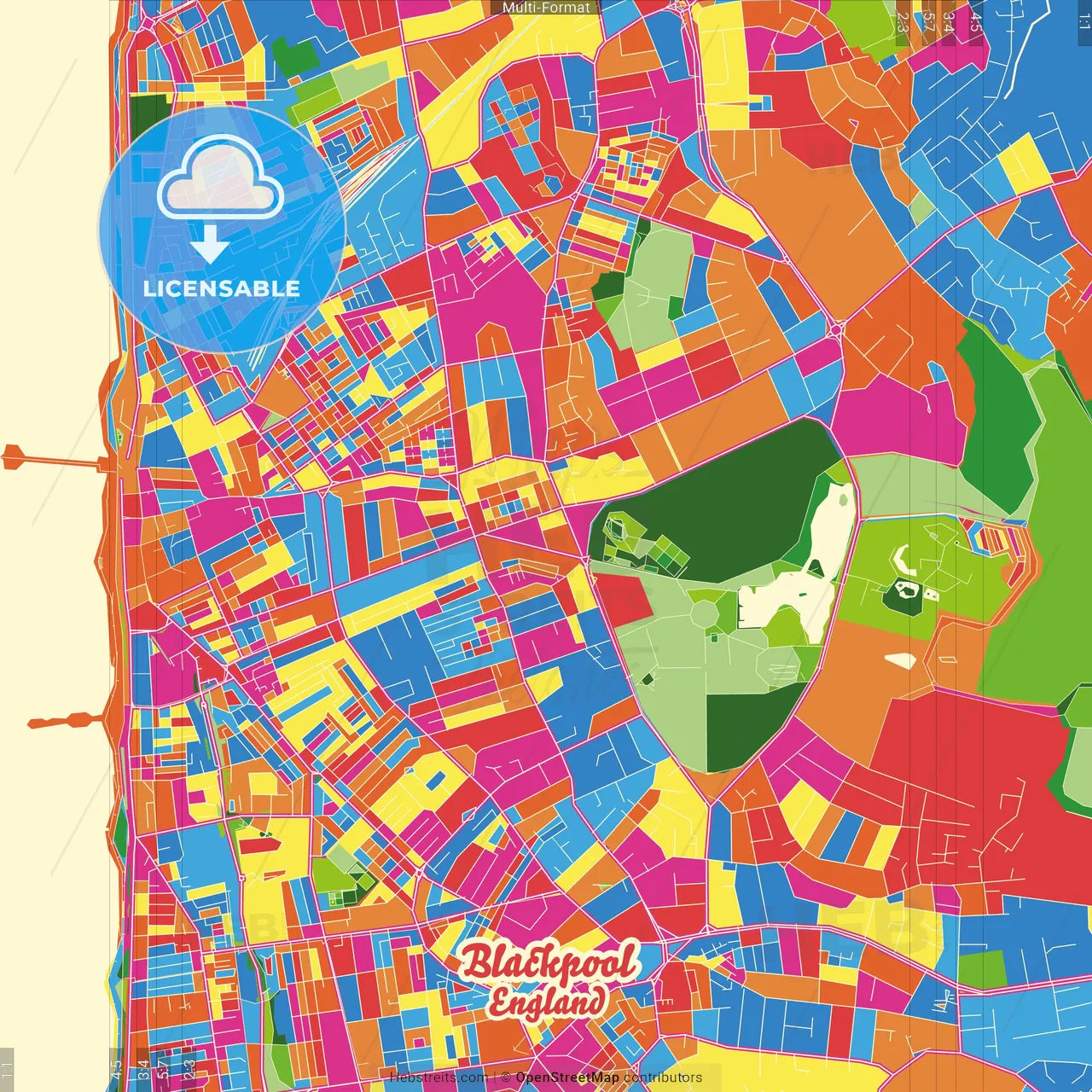 Blackpool, North West England, England Crazy Colorful Street Map Poster Template