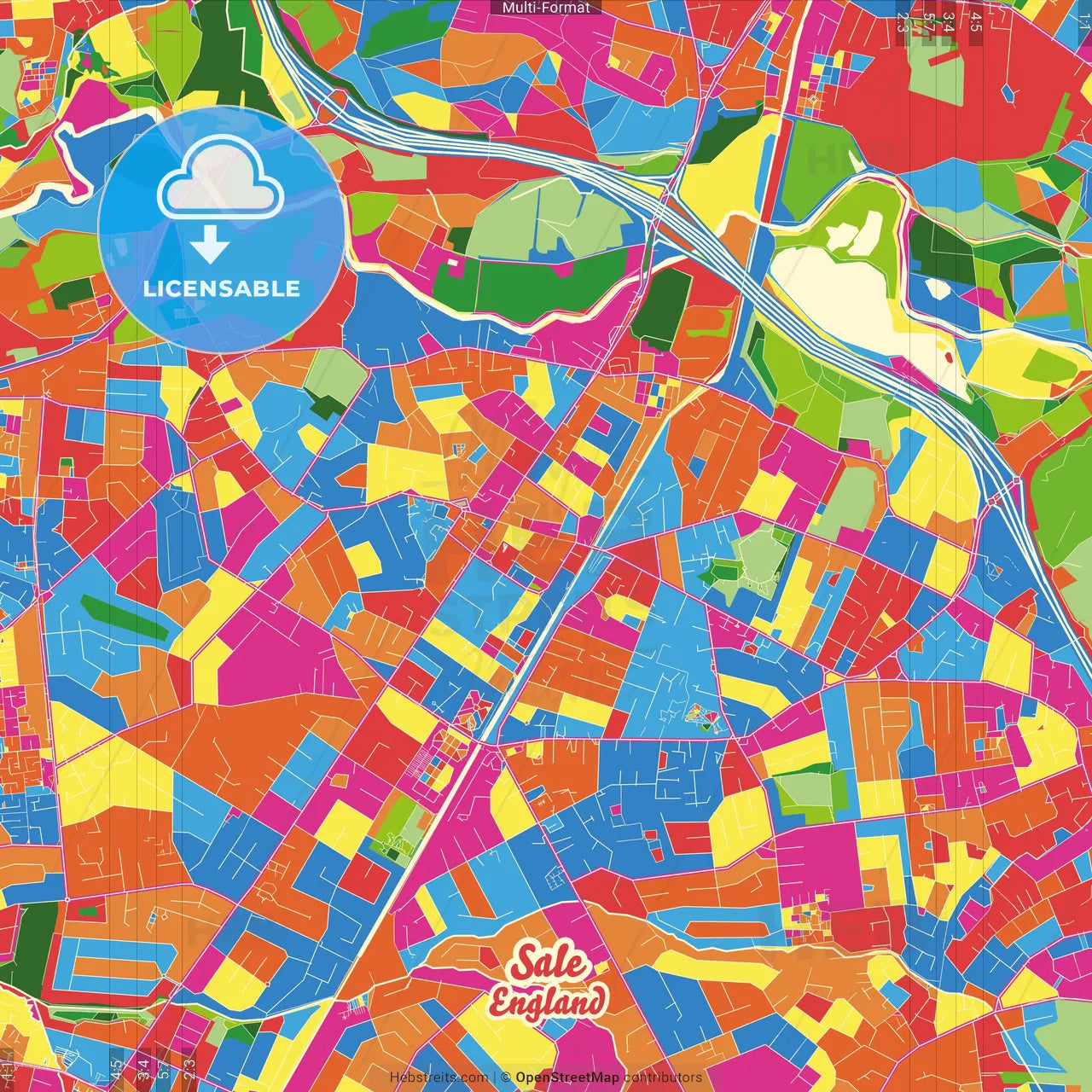 Sale, North West England, England Crazy Colorful Street Map Poster Template