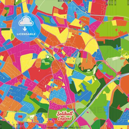 Solihull, West Midlands, England Crazy Colorful Street Map Poster Template