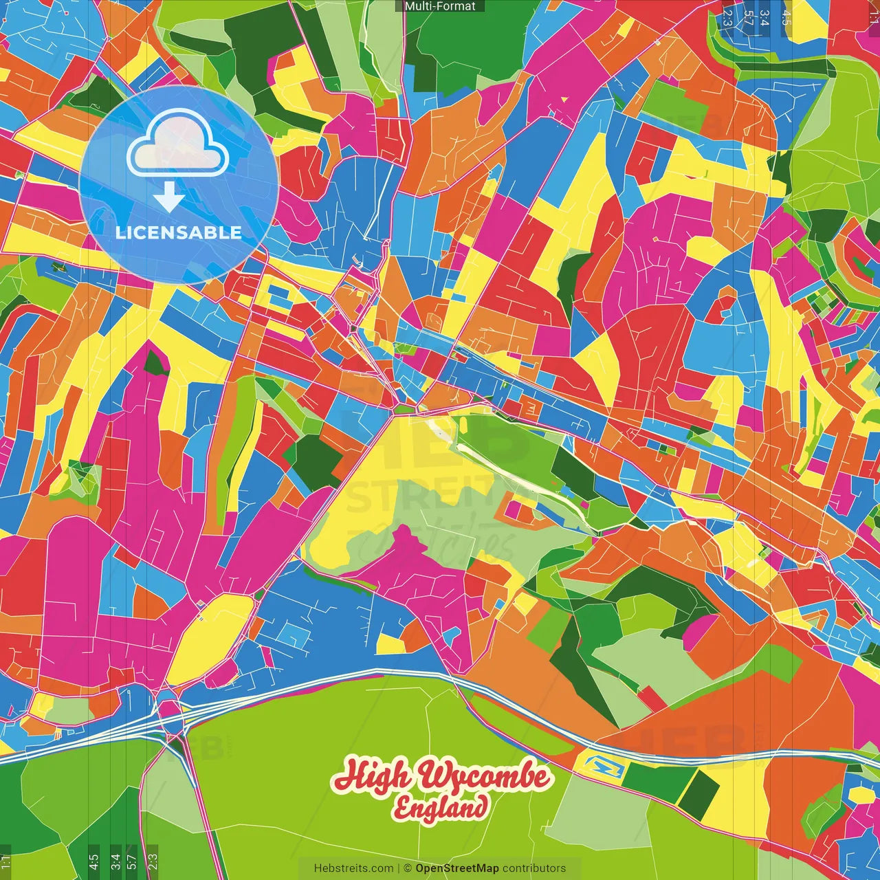 High Wycombe, South East England, England Crazy Colorful Street Map Poster Template