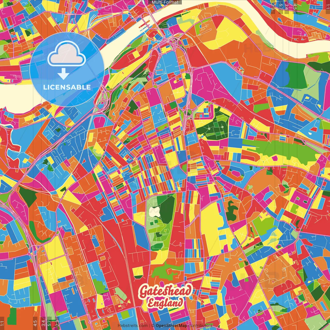 Gateshead, North East England, England Crazy Colorful Street Map Poster Template