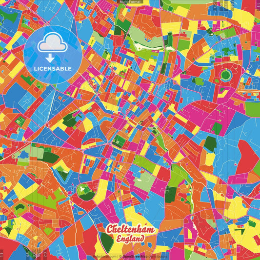 Cheltenham, South West England, England Crazy Colorful Street Map Poster Template
