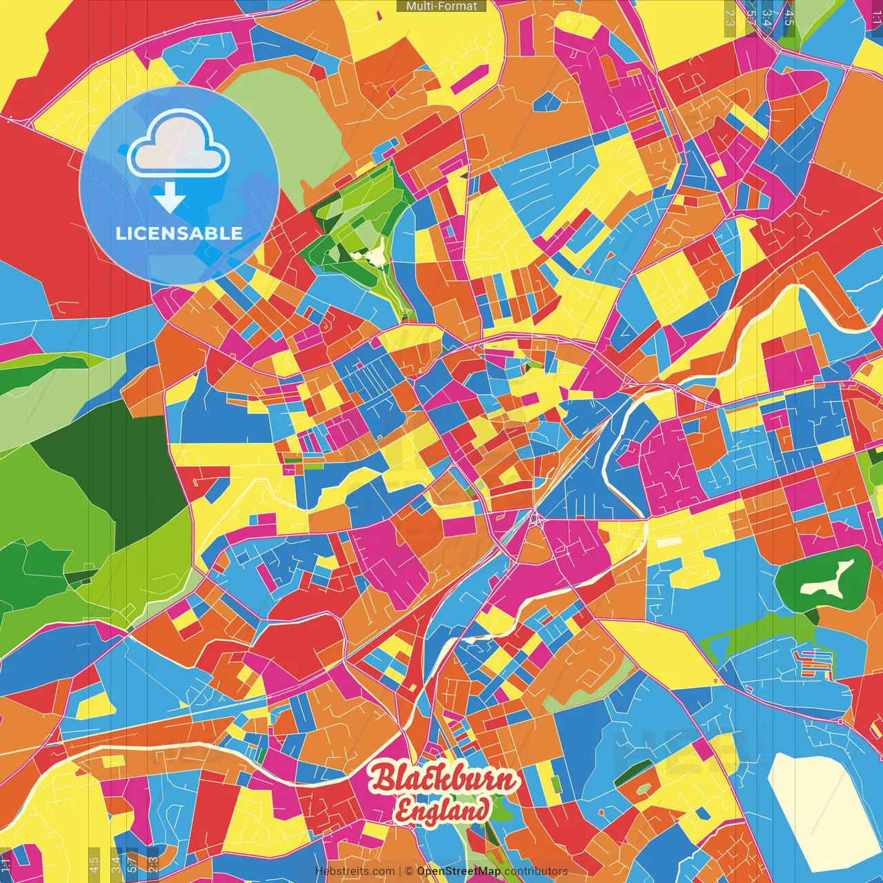 Blackburn, North West England, England Crazy Colorful Street Map Poster Template