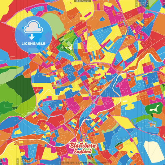 Blackburn, North West England, England Crazy Colorful Street Map Poster Template