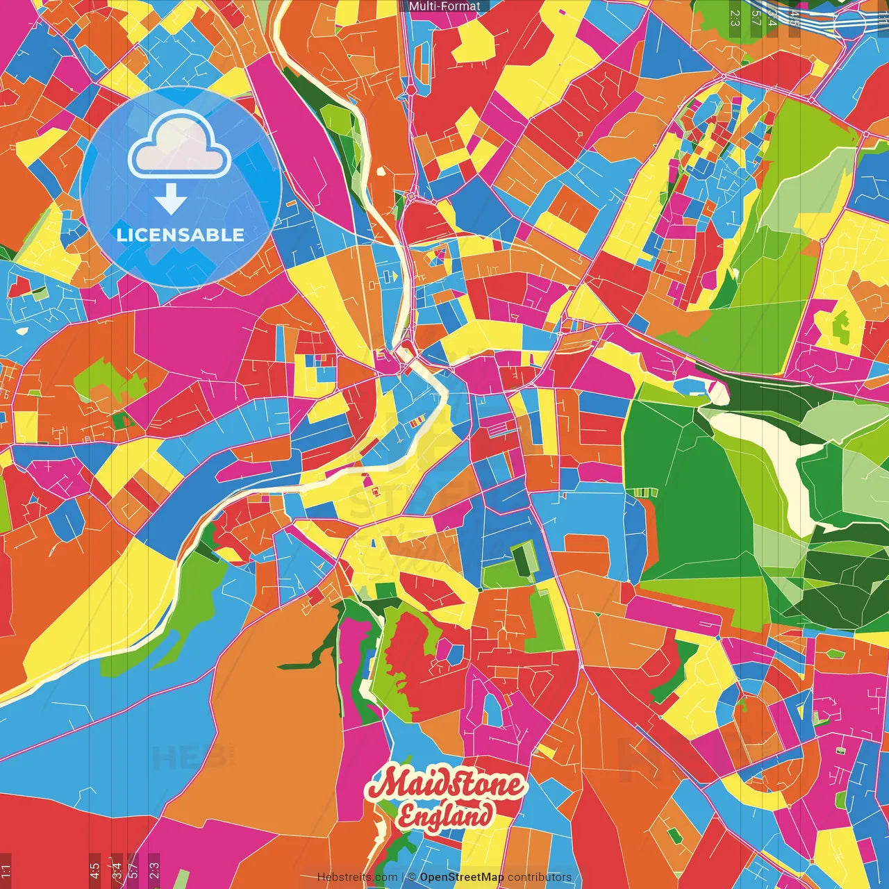 Maidstone, South East England, England Crazy Colorful Street Map Poster Template