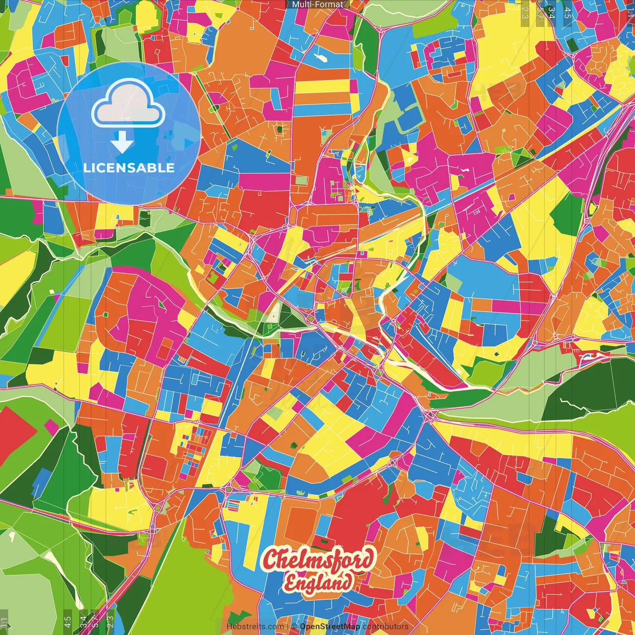 Chelmsford, East of England, England Crazy Colorful Street Map Poster Template