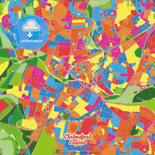 Chelmsford, East of England, England Crazy Colorful Street Map Poster Template